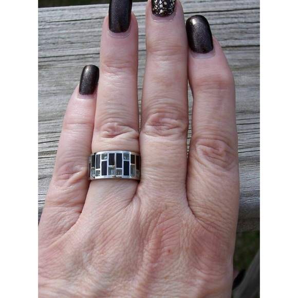 STAINLESS STEEL Sea Blue CZ Art Deco Band Ring - Picture 3 of 16